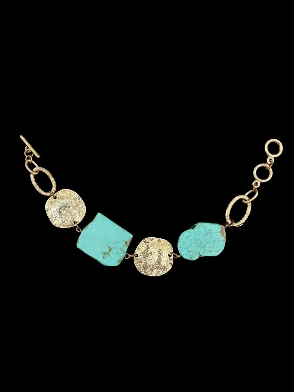 Faux Turquoise Slice and Hammered Metal Disk Bracelet